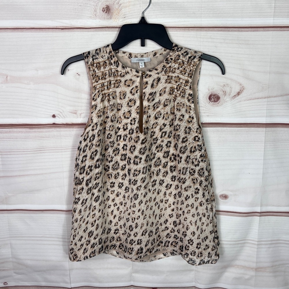JOIE Top Womens XS Brown Leopard Blouse Silk Keyhole Neck Sleeveless Pullover